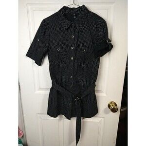 Fang Woman M Black White Polka Dot Chambray Military Dolled Up Shirt